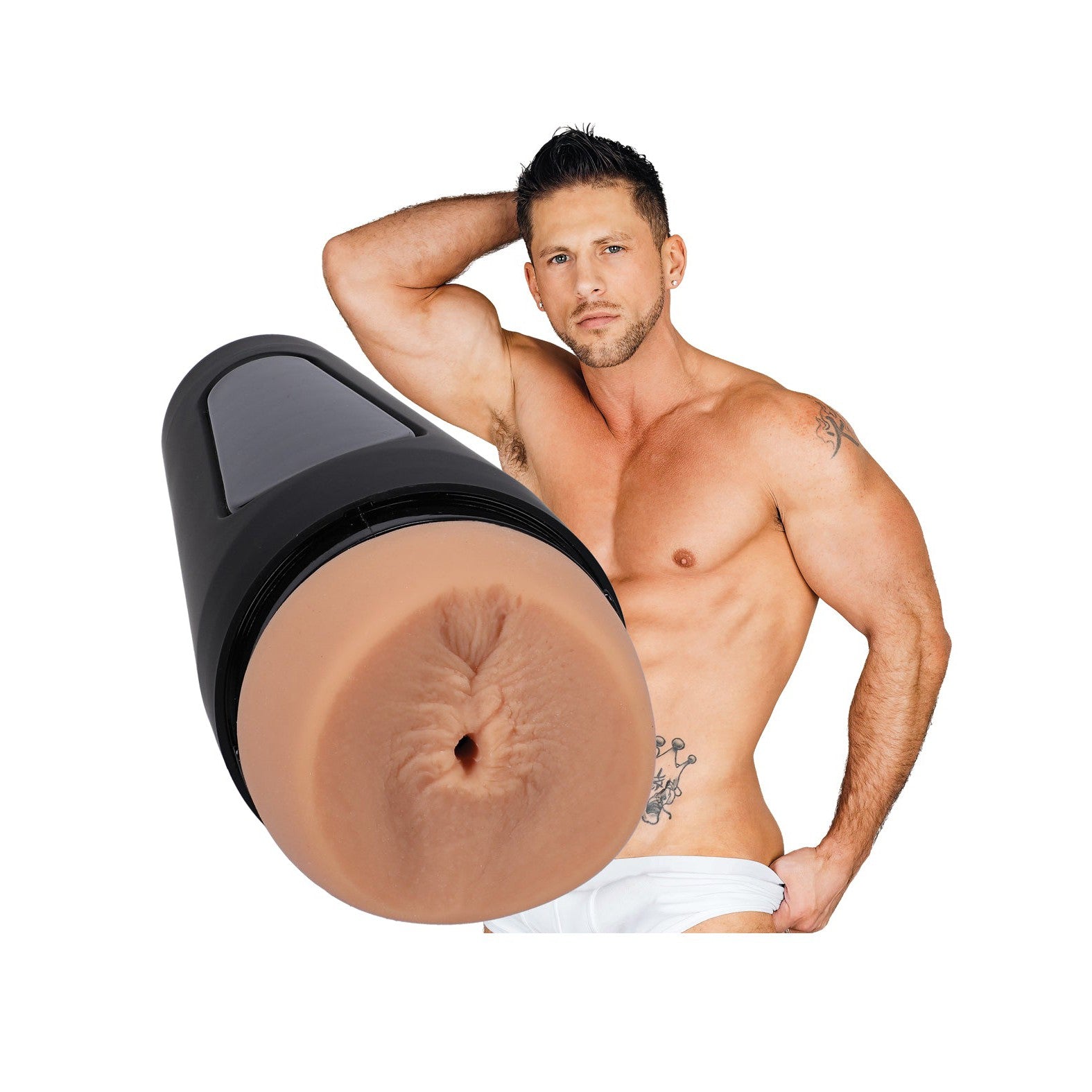 A shirtless man with short dark hair poses confidently, one arm behind his head. Beside him is Doc Johnsons Man Squeeze ULTRASKYN Ass Stroker - Roman Todd, a cylindrical object with a customizable pressure system and a flesh-toned molded opening, set against a white background.