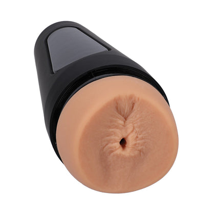 The Man Squeeze ULTRASKYN Ass Stroker - Roman Todd by Doc Johnson is a black cylindrical adult toy. It features a flesh-colored, textured opening resembling human anatomy, crafted for personal use with customizable pressure and made from ULTRASKYN for a soft, lifelike feel.
