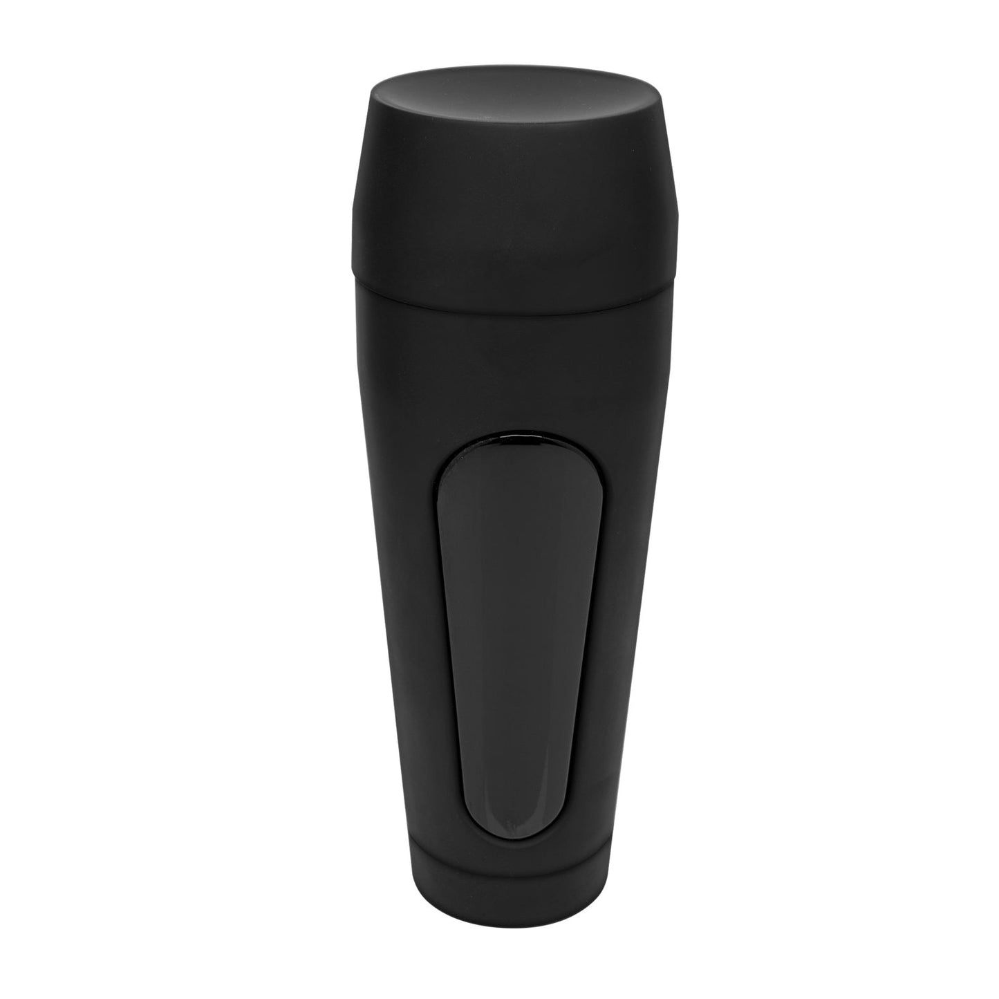 The Man Squeeze ULTRASKYN Ass Stroker by Doc Johnson, featuring a sleek, matte black design with glossy accents, is cylindrical and tapers at the base. The Roman Todd edition offers customizable pressure for a tailored experience.