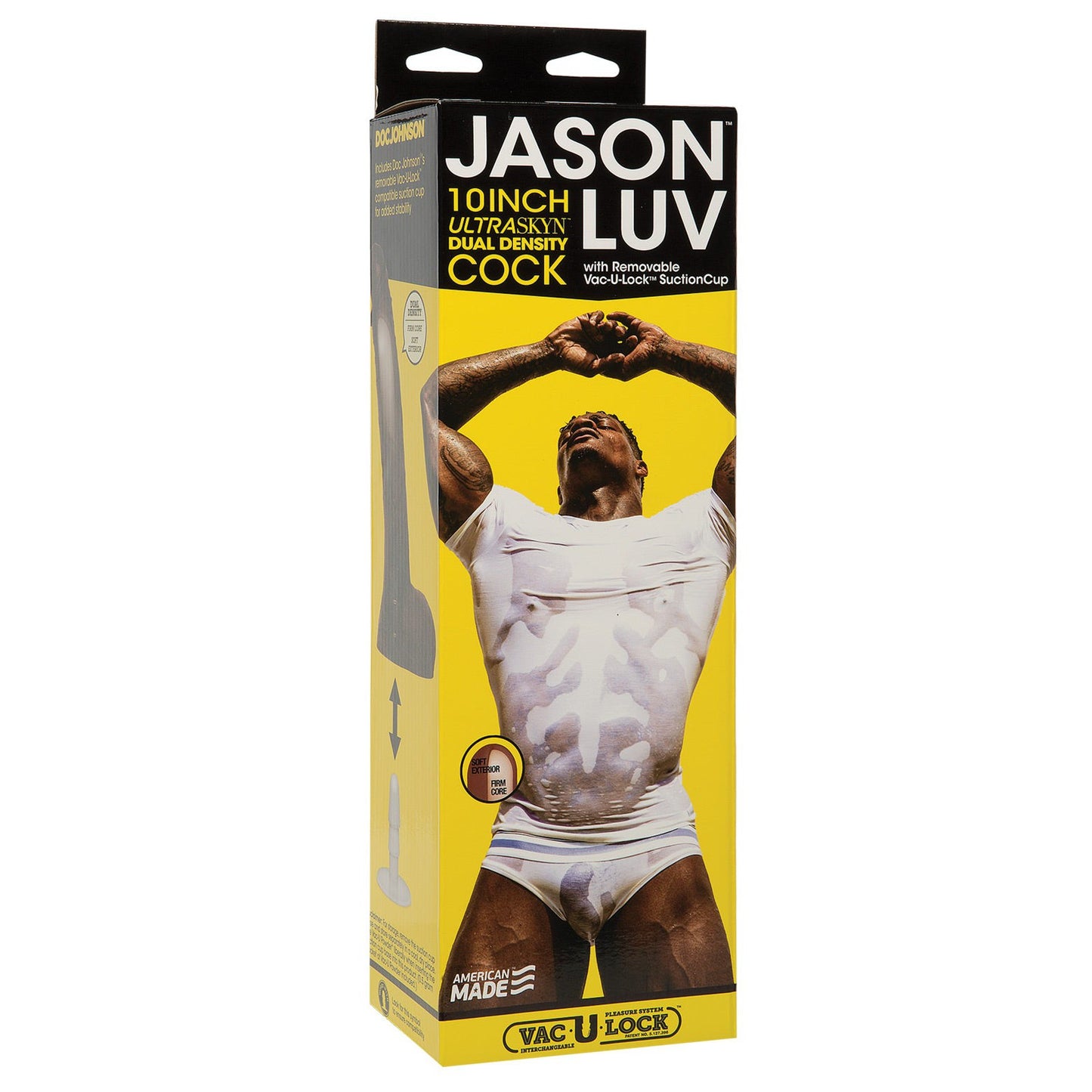 The Signature Cocks Ultraskyn 10 Cock - Jason Luv packaging emphasizes the vacuum lock suction cup, featuring a photo of Jason Luv in a white outfit with arms raised. The brand name Doc Johnson is prominently displayed at the top.