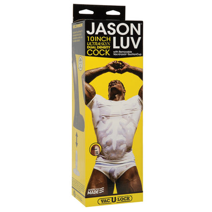 The Signature Cocks Ultraskyn 10 Cock - Jason Luv packaging emphasizes the vacuum lock suction cup, featuring a photo of Jason Luv in a white outfit with arms raised. The brand name Doc Johnson is prominently displayed at the top.
