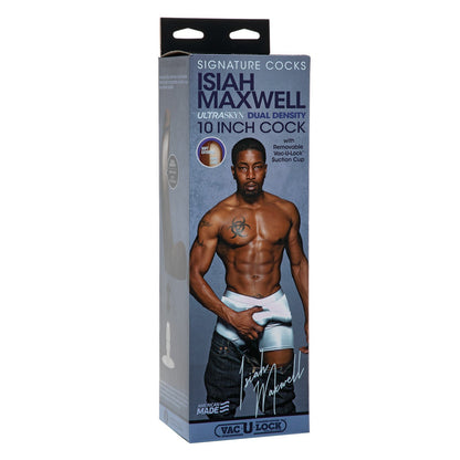 The image showcases the packaging for Doc Johnsons Signature Cocks ULTRASKYN 10 Cock - Isiah Maxwell. It features a muscular man in white shorts alongside product details and branding, highlighting the innovative ULTRASKYN material of this lifelike dildo.