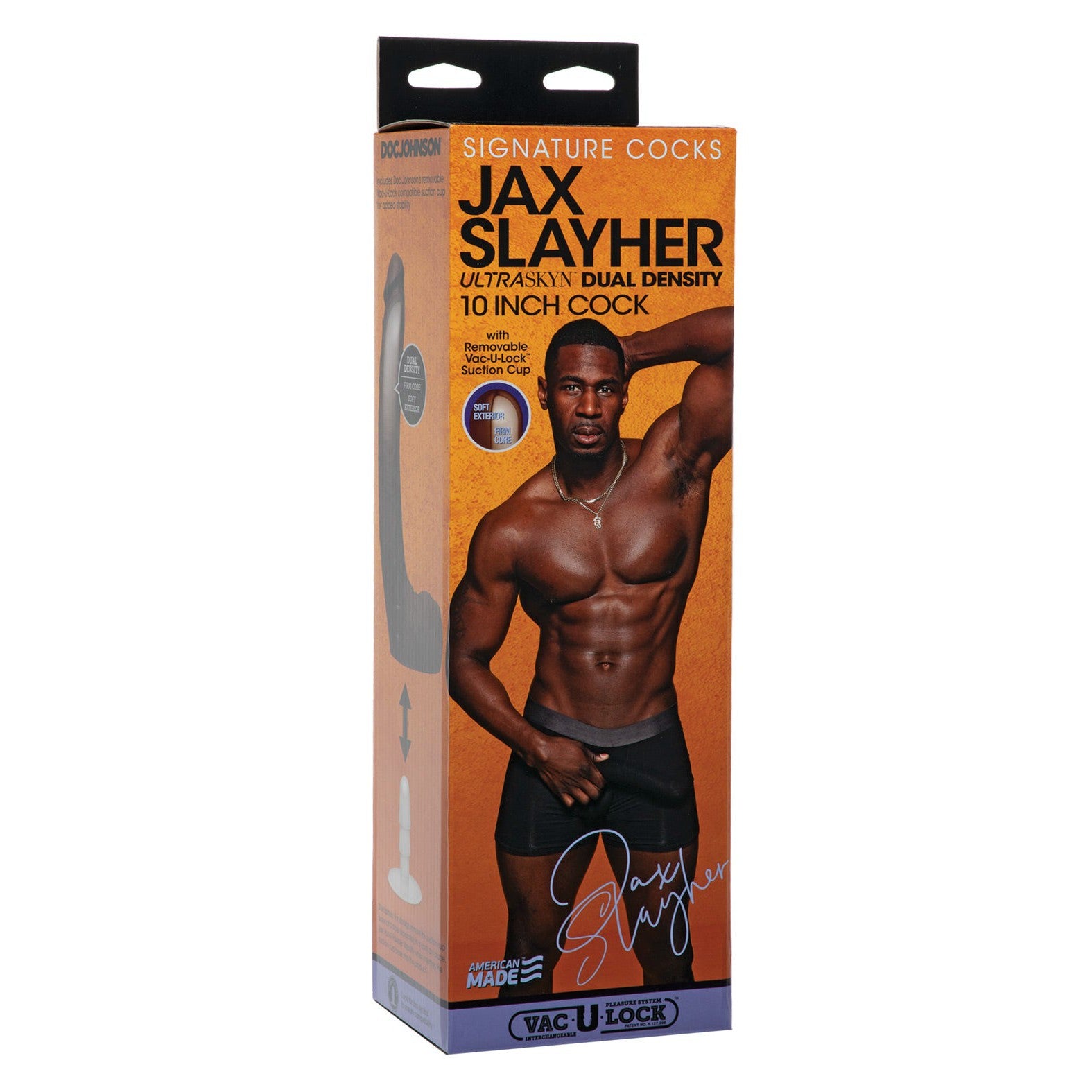 The Doc Johnson Signature Cocks ULTRASKYN 10 package features Jax Slayher in black underwear, emphasizing its dual-density ULTRASKYN construction.