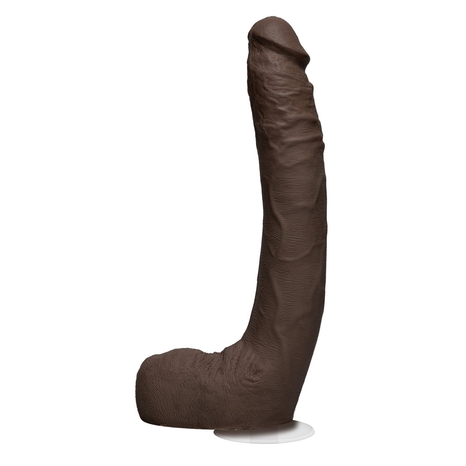 The Signature Cocks ULTRASKYN 10 - Jax Slayher by Doc Johnson resembles Jax Slayhers bold artistry with its elongated form, large and upright on a white circular base. Its textured dark brown surface features a dual density effect.