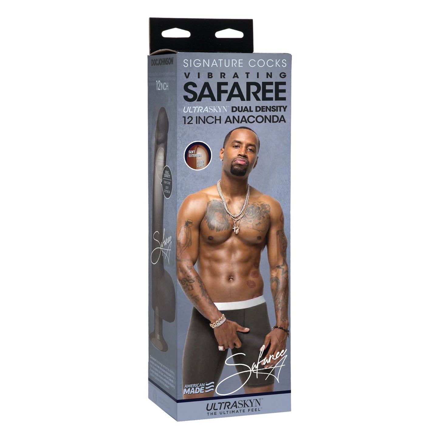 The packaging for the 12-inch Signature Cocks ULTRASKYN by Doc Johnson features a shirtless man with tattoos and a necklace, showcasing Safarees Anaconda. It offers multi-speed vibrations and dual density material for an authentic feel.