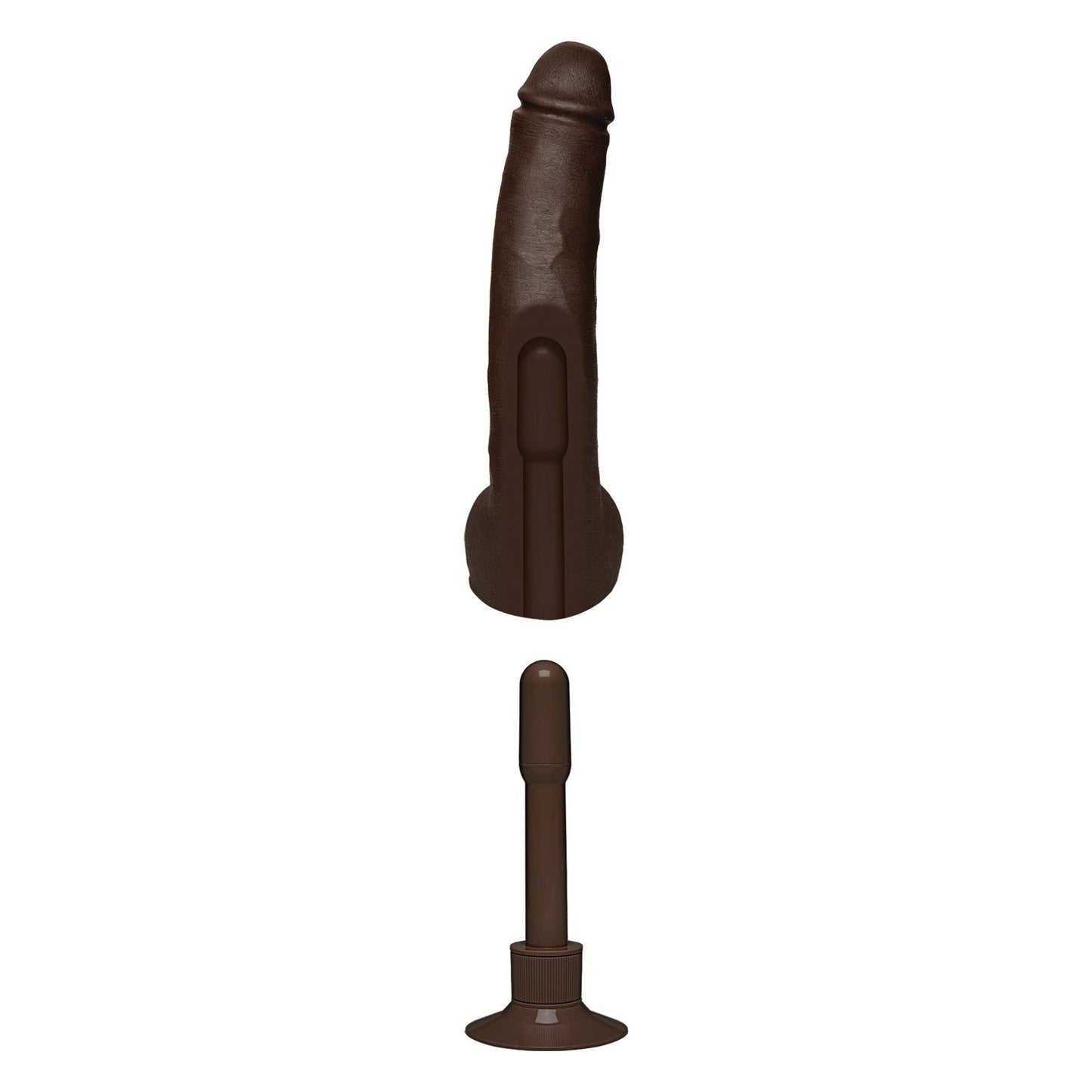 Two brown silicone attachments for a Doc Johnson massage device are against a white background: one is the Signature Cocks ULTRASKYN 12 - Safaree Samuels Anaconda with a curved tip and multi-speed vibrations, the other is narrow and straight with a flat base.