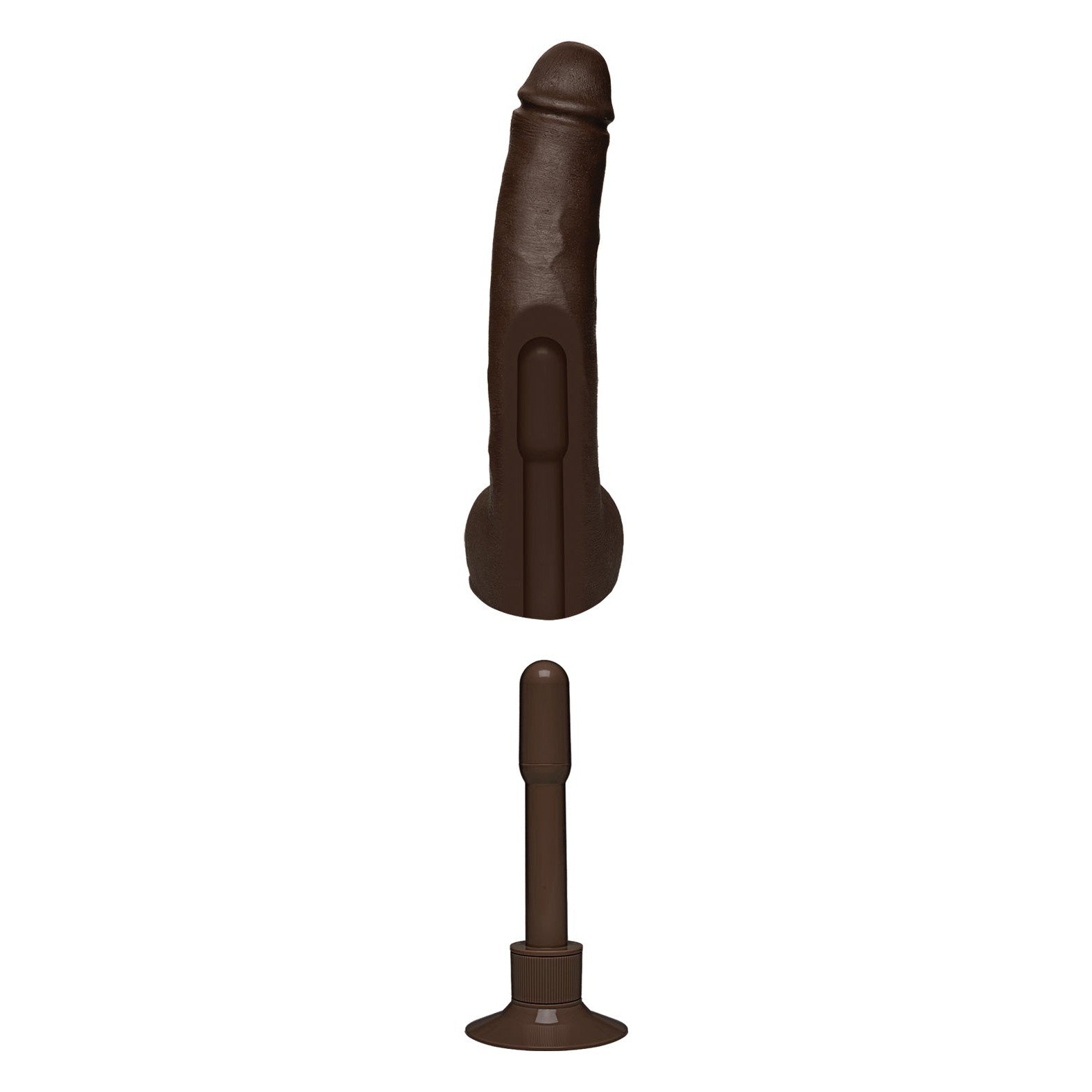 Two brown silicone attachments for a Doc Johnson massage device are against a white background: one is the Signature Cocks ULTRASKYN 12 - Safaree Samuels Anaconda with a curved tip and multi-speed vibrations, the other is narrow and straight with a flat base.