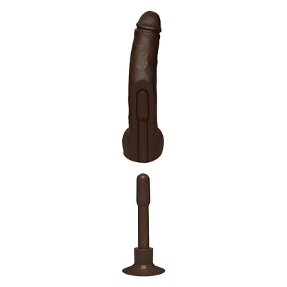 Two brown silicone attachments for a Doc Johnson massage device are against a white background: one is the Signature Cocks ULTRASKYN 12 - Safaree Samuels Anaconda with a curved tip and multi-speed vibrations, the other is narrow and straight with a flat base.