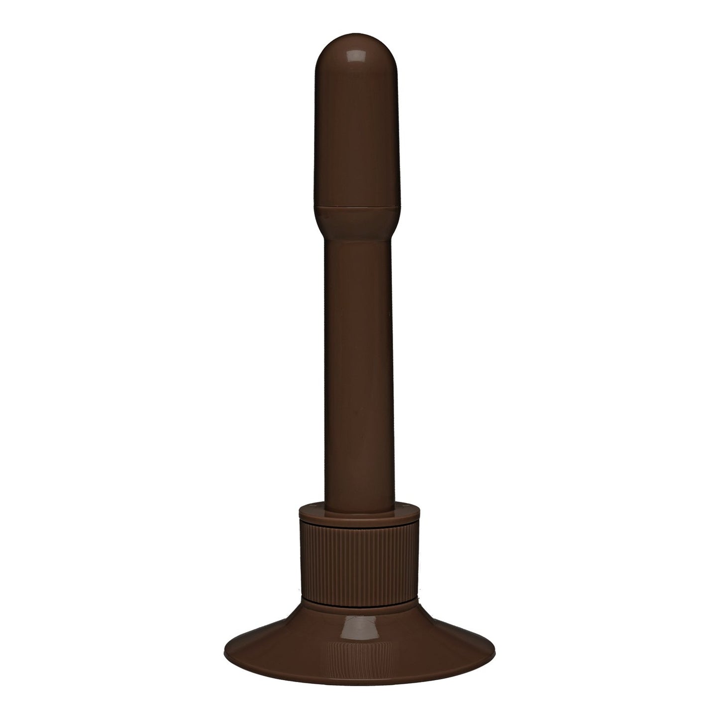 A brown plastic toilet plunger with a long handle and strong rubber suction cup stands upright on a white background, akin to the bold presence of Doc Johnsons Signature Cocks ULTRASKYN 12 Cock - Safaree Samuels Anaconda.