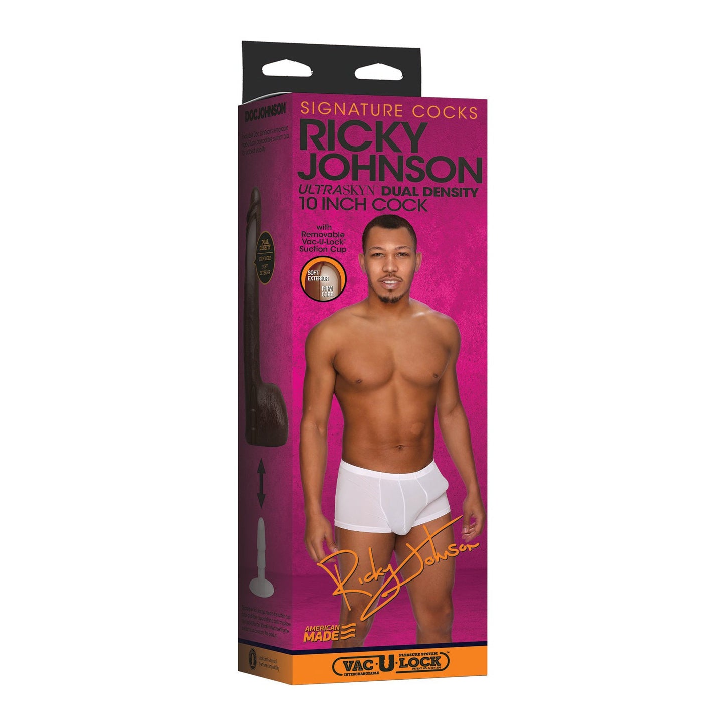 The Signature Cocks ULTRASKYN 10\ Cock - Ricky Johnson by Doc Johnson comes in a vibrant pink box. It features a shirtless photo of Ricky Johnson in white briefs and highlights the ULTRASKYN material with the iconic Vac-U-Lock system logo.