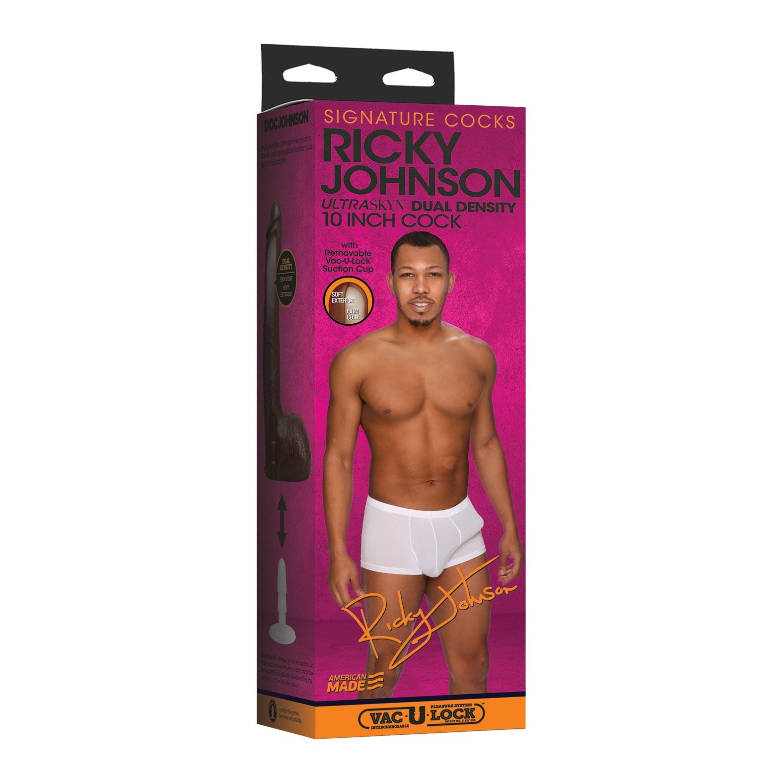 The Signature Cocks ULTRASKYN 10\ Cock - Ricky Johnson by Doc Johnson comes in a vibrant pink box. It features a shirtless photo of Ricky Johnson in white briefs and highlights the ULTRASKYN material with the iconic Vac-U-Lock system logo.