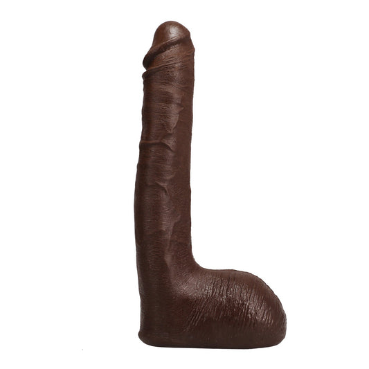 A realistic chocolate sculpture resembling the Signature Cocks ULTRASKYN 10 Cock - Ricky Johnson by Doc Johnson, featuring intricate texture and dual density.
