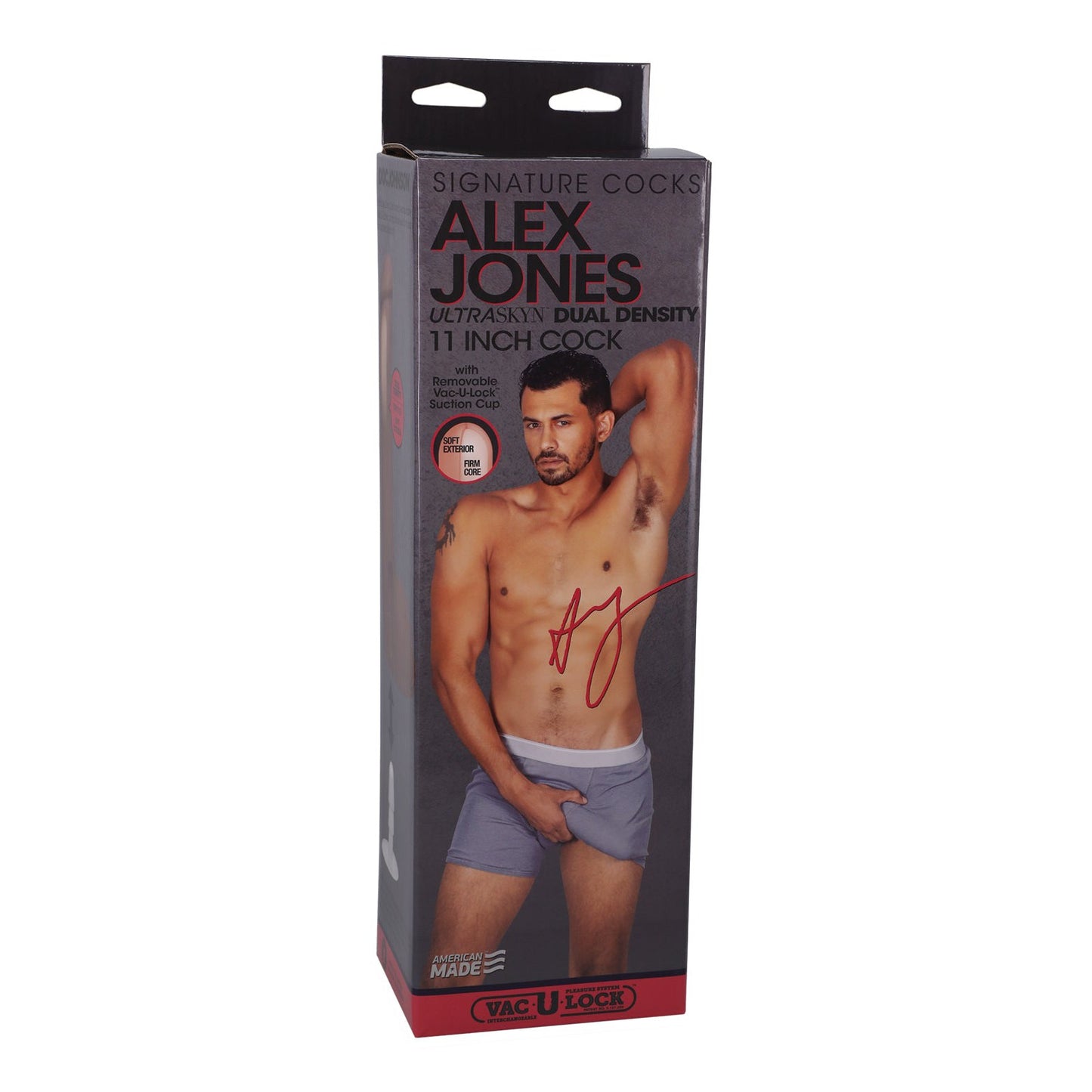 The product box features a signed image of Alex Jones in blue shorts, labeled Signature Cocks ULTRASKYN 11 Cock by Doc Johnson. The design emphasizes lifelike details for an enhanced dildo experience.