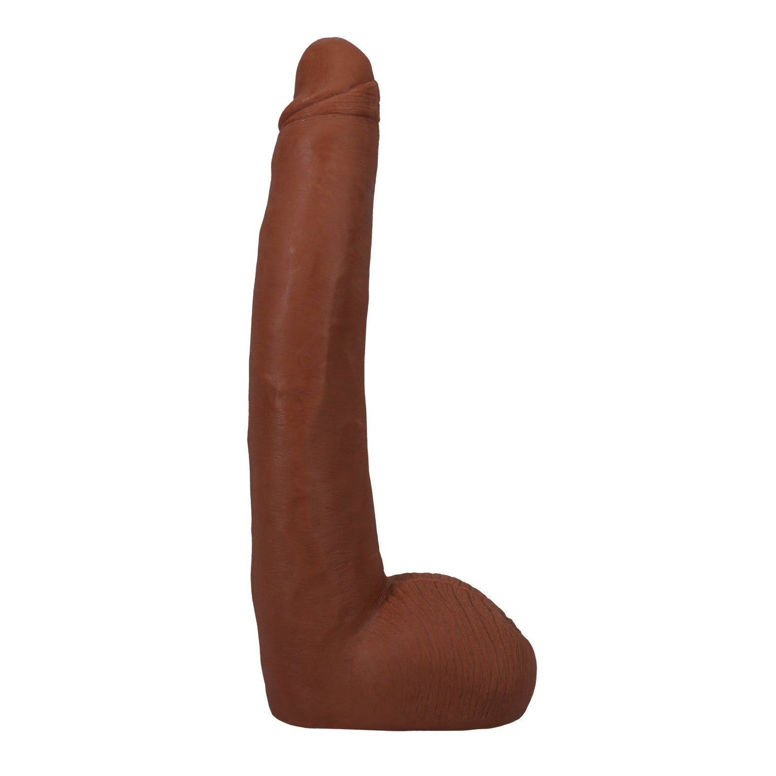 On a white background, the Signature Cocks ULTRASKYN 11 Cock - Alex Jones by Doc Johnson is shown in brown with an upright, cylindrical shape and round base, offering an incredibly lifelike experience.