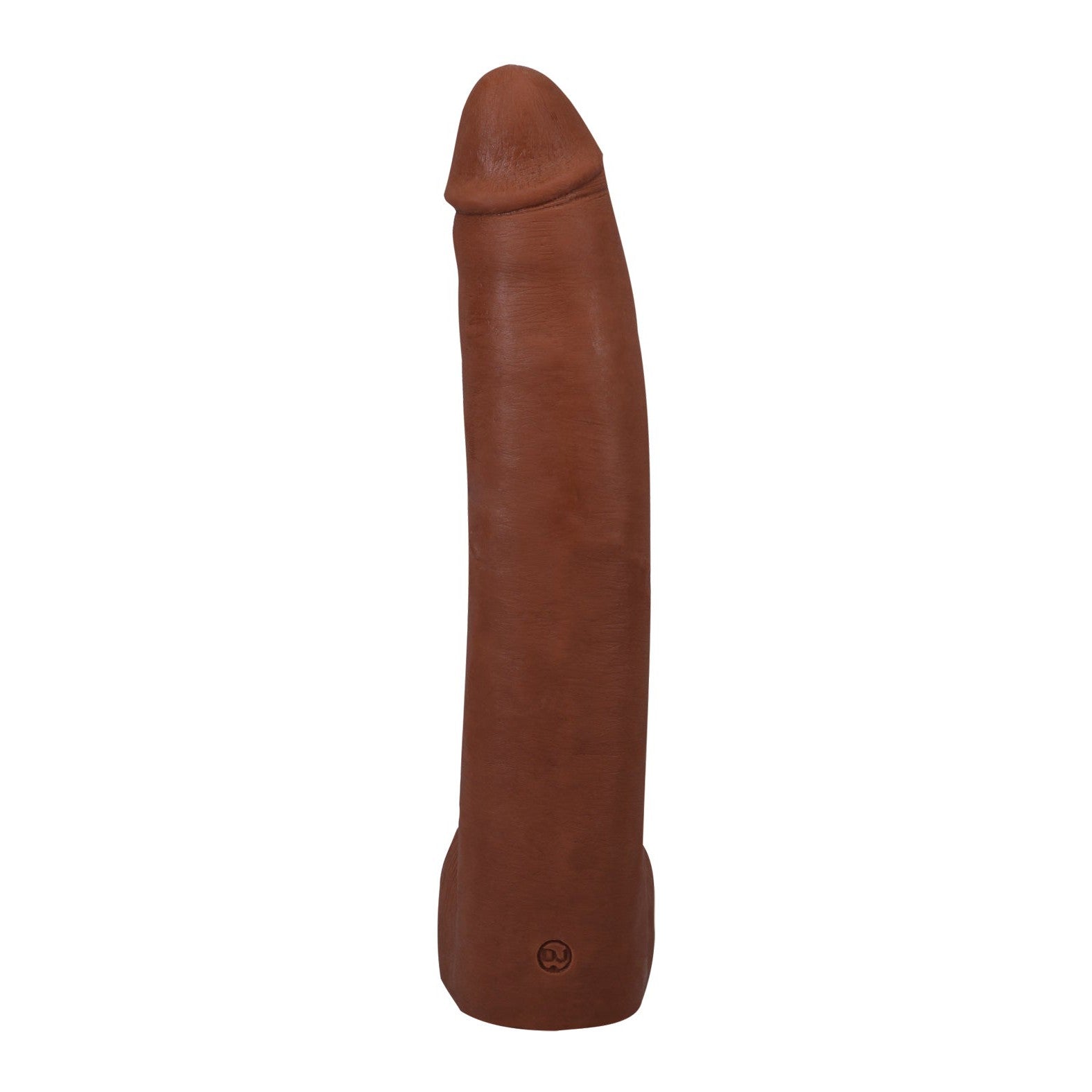 The Signature Cocks ULTRASKYN 11 Cock - Alex Jones by Doc Johnson is a lifelike dildo, standing upright against a plain white background, offering a realistic touch and feel with its rich brown hue.