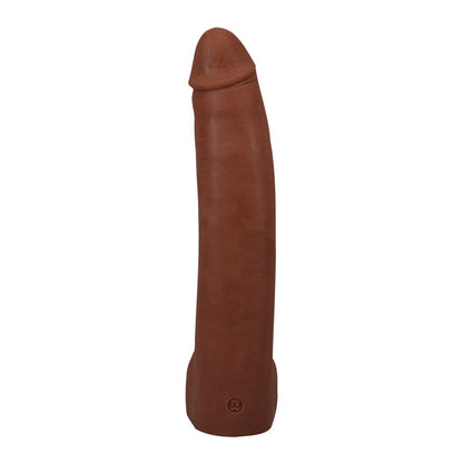 The Signature Cocks ULTRASKYN 11 Cock - Alex Jones by Doc Johnson is a lifelike dildo, standing upright against a plain white background, offering a realistic touch and feel with its rich brown hue.