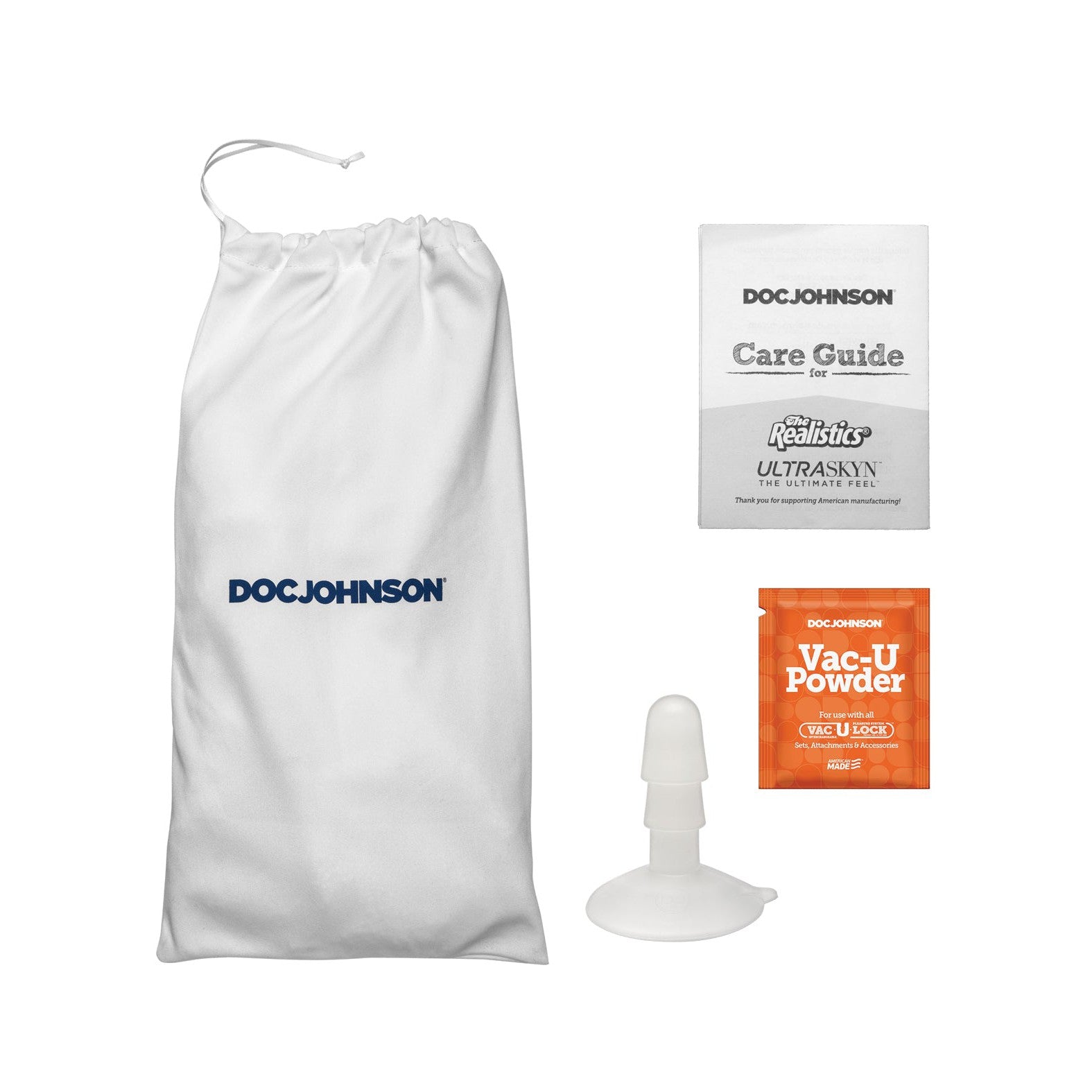 A white drawstring bag labeled Doc Johnson is next to a care guide, a Vac-U Powder packet, and a white plastic accessory, designed for maintaining your Signature Cocks ULTRASKYN 11 Cock - Alex Jones.