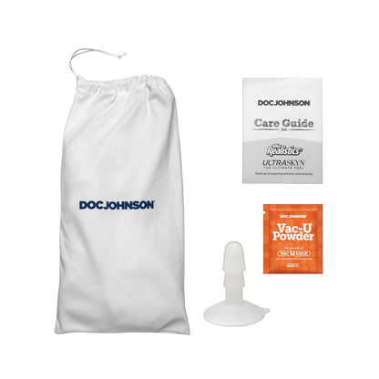 A white drawstring bag labeled Doc Johnson is next to a care guide, a Vac-U Powder packet, and a white plastic accessory, designed for maintaining your Signature Cocks ULTRASKYN 11 Cock - Alex Jones.
