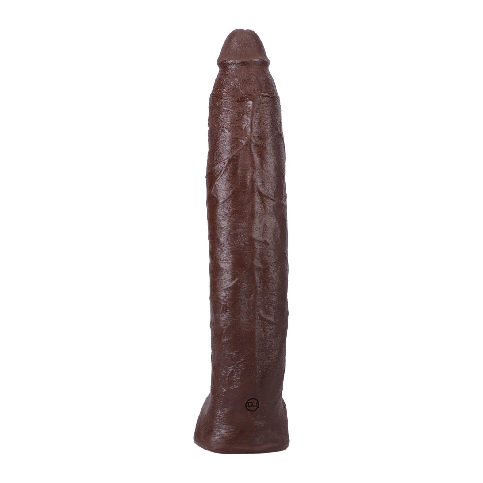 The Signature Cocks ULTRASKYN 12 Cock - Damion Dayski by Doc Johnson is a large, brown, cylindrical object with a textured surface that exudes a lifelike look and feel. Its unique dual density construction allows it to stand upright on flat surfaces.