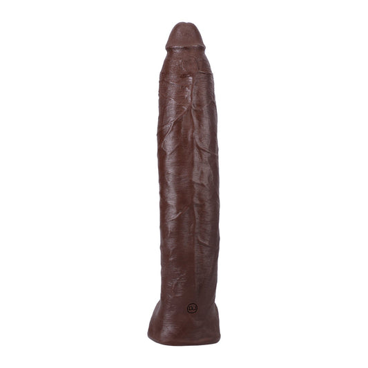 The Signature Cocks ULTRASKYN 12 Cock - Damion Dayski by Doc Johnson is a large, brown, cylindrical object with a textured surface that exudes a lifelike look and feel. Its unique dual density construction allows it to stand upright on flat surfaces.