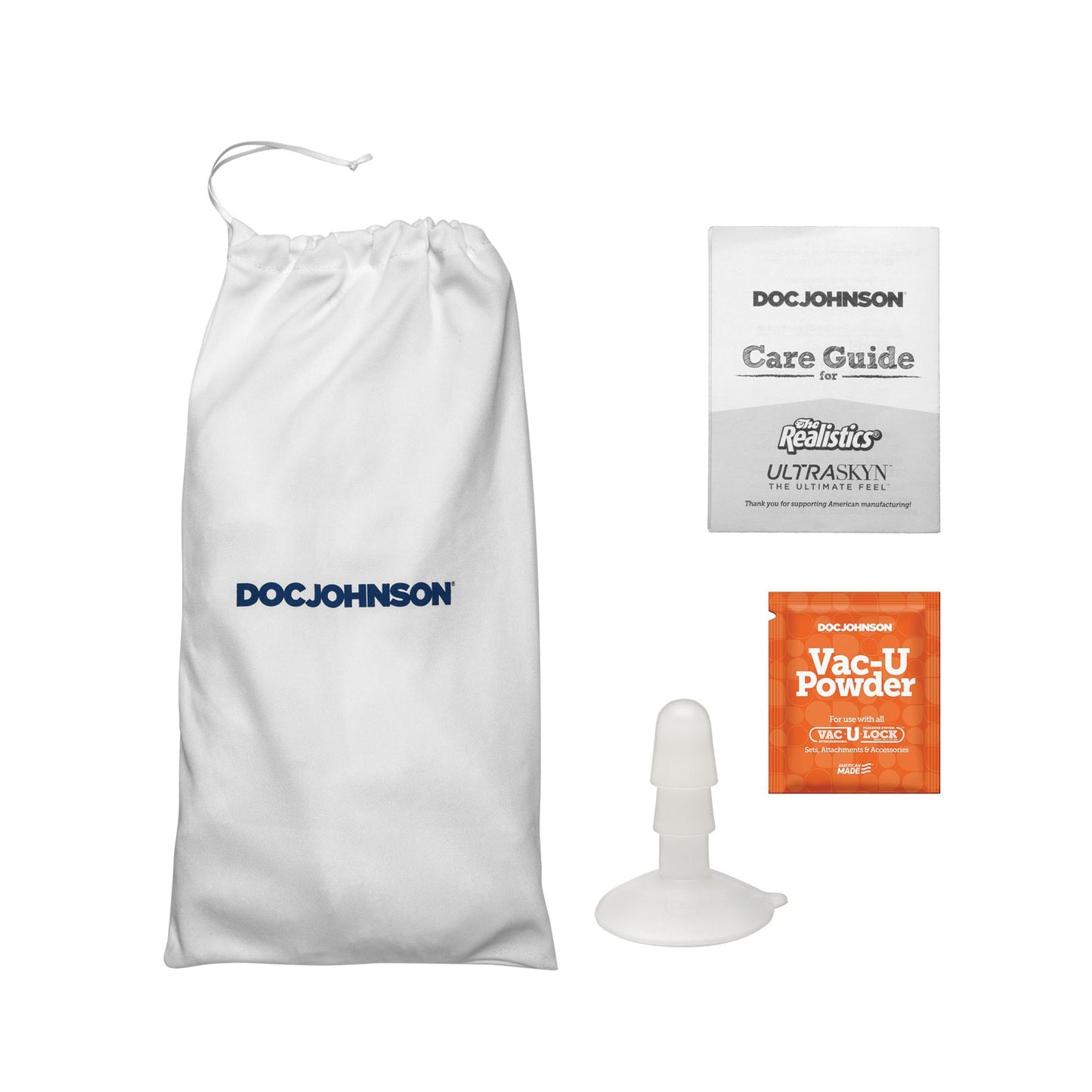 A white drawstring bag labeled Doc Johnson displays a care guide, Vac-U Powder packet, and a plastic insert highlighting the Signature Cocks ULTRASKYN 12 Cock - Damion Dayskis realistic dual density. Items sit against a pristine white backdrop.