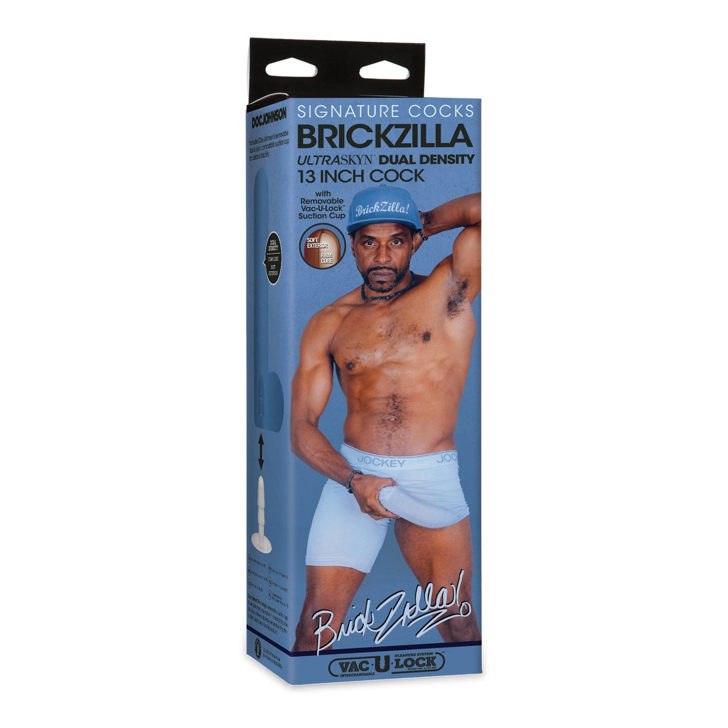 The image shows the packaging for Doc Johnsons Signature Cocks ULTRASKYN 13 Cock - Brickzilla, featuring its dual-density design. The box includes a model in underwear, emphasizing the realistic texture and advanced features of this impressive product.