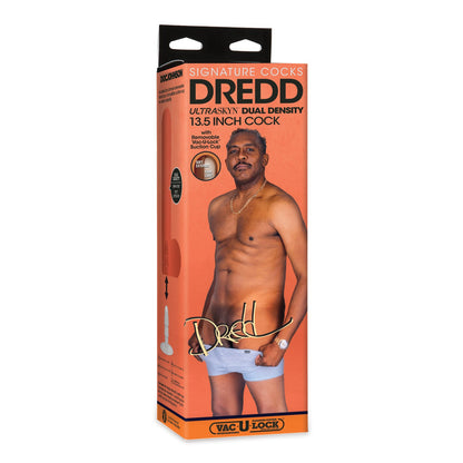 The Signature Cocks ULTRASKYN 13.5\ Cock - Dredd by Doc Johnson boasts a realistic dual-density design, with packaging showing a model in underwear and detailed premium feature descriptions.