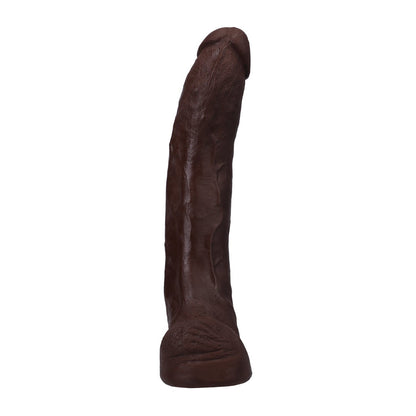 A large, vertical chocolate sculpture shaped like an elephants leg and resembling the Signature Cocks ULTRASKYN 13.5 Cock by Doc Johnson, features a dual-density design with realistic skin-like texture against a plain white background.