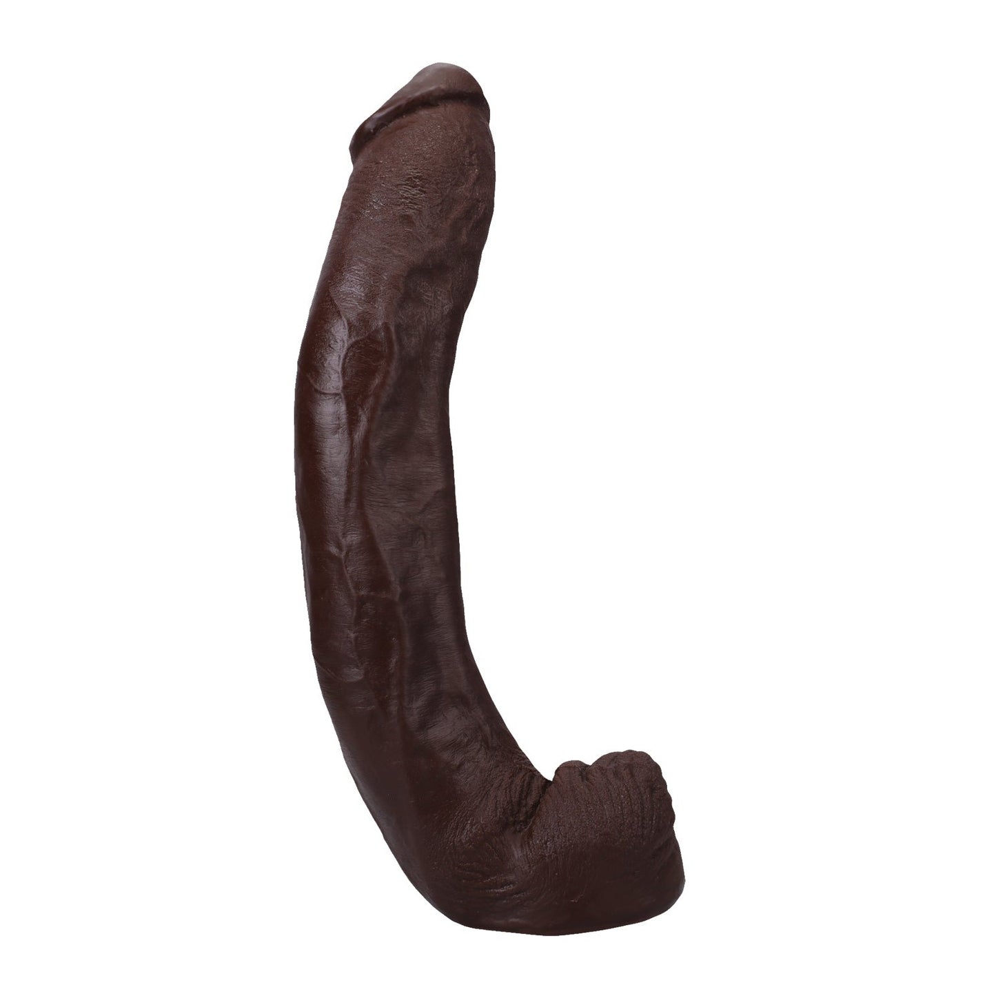 The Doc Johnson Signature Cocks ULTRASKYN 13.5 Cock - Dredd is a realistic, brown, curved silicone sculpture with a dual-density design, standing upright against a plain white background.