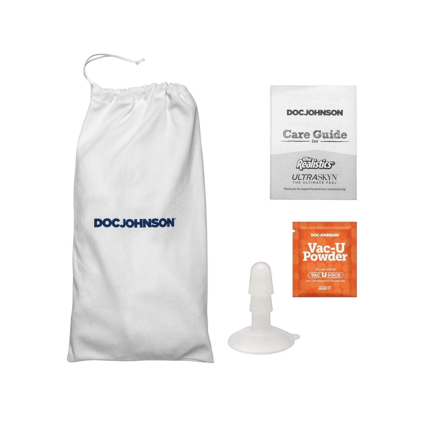 The Signature Cocks ULTRASKYN 10 Cock - Dan Damage by Doc Johnson comes in a white drawstring bag with a care guide, Vac-U Powder, and a small cylindrical accessory. Ready to experience the extraordinary? Dive in and explore sensations beyond boundaries.