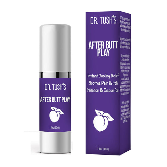 Dr. Tushs After Butt Play Gel comes in a 30 ml white bottle with a purple box. It provides soothing relief from pain, itch, irritation, and discomfort with its hydrating formula. A peach graphic promises post-play comfort, making it your go-to aftercare essential.