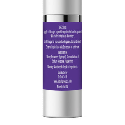 Dr. Tushs After Butt Play Gel comes in a 30 ml bottle with a purple label. Directions suggest applying a thin layer for skin protection and chilling the gel for cooling effects. Its soothing formula includes water and peppermint. Allergy warning noted. Made in the USA by Dr. Tushs LLC.
