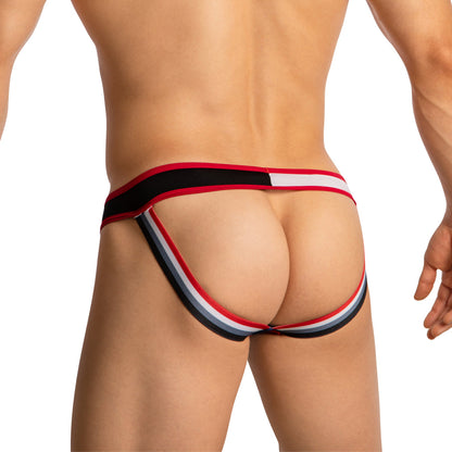 Rear view of a model showcasing the Daddy Provocative Rear Exposing Jockstrap, featuring red, black, and white stripes. The focus is on its provocative design with premium fabric, highlighting its revealing style and perfect fit.
