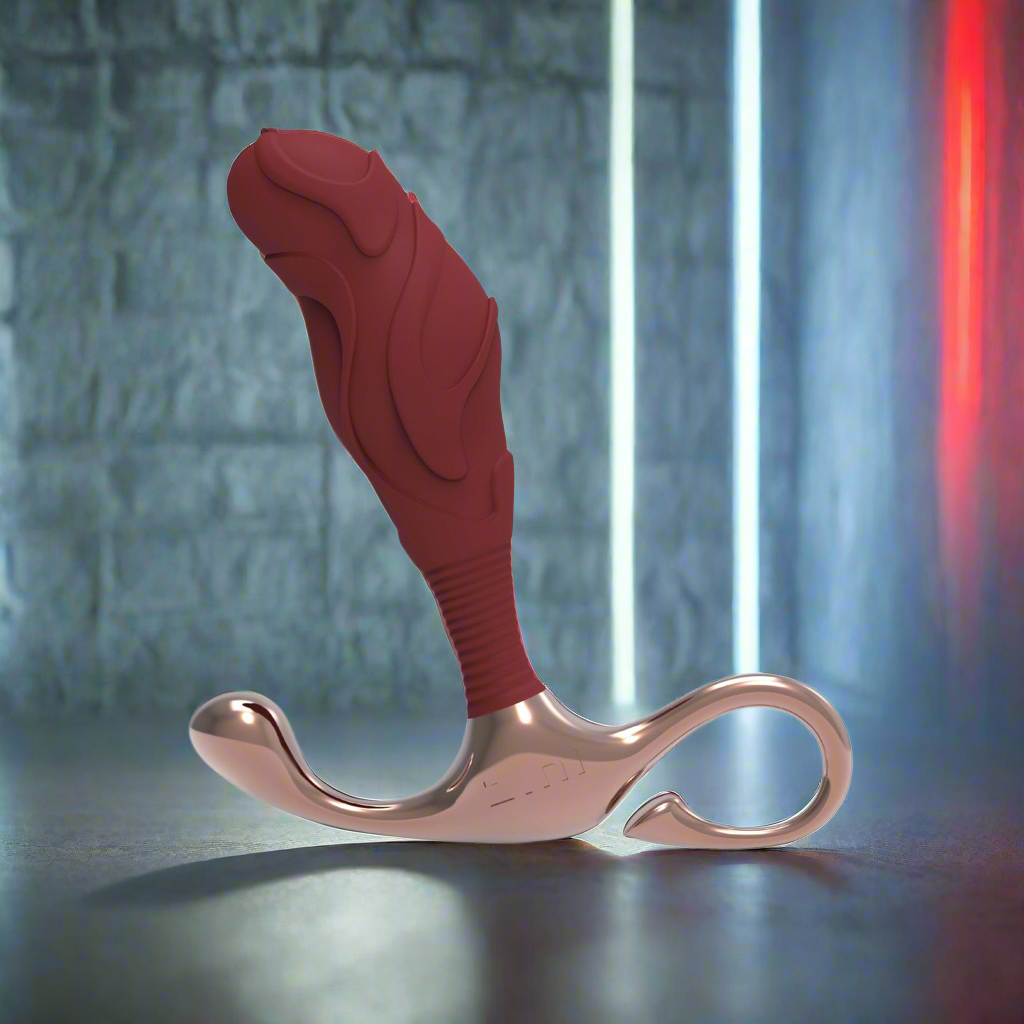 The Zini Janus Lamp Iron, a red and silver ergonomic device made from body-safe silicone with a sculpted design, rests on a smooth surface against textured gray walls with soft red lighting.