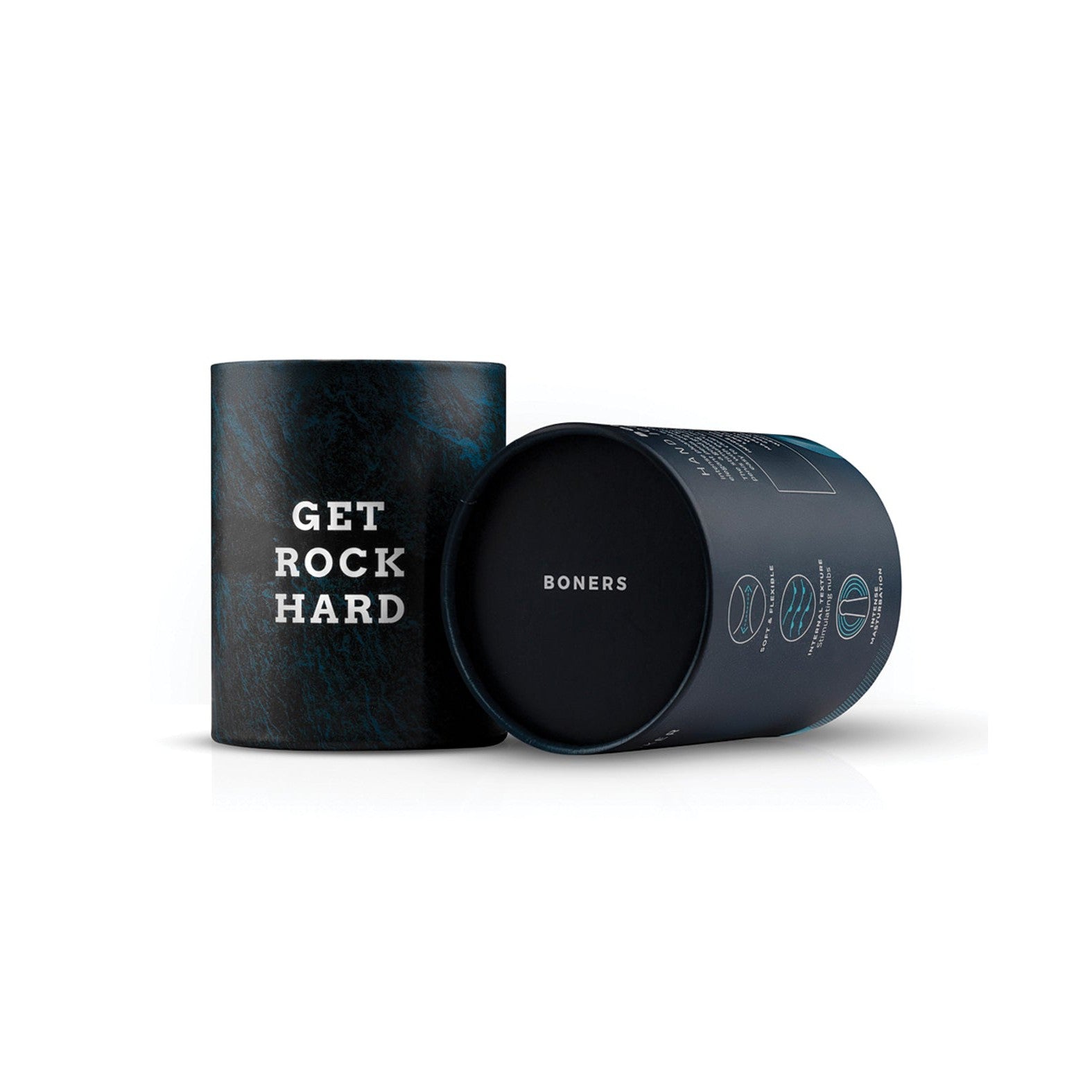 Two cylindrical containers: one upright with Get Rock Hard text, the other displaying Boners Hand Job Stroker. Featuring dark packaging with simple designs and symbols, crafted from ultra-soft material for intense stimulation, all set against a white background. Brand: Boners.
