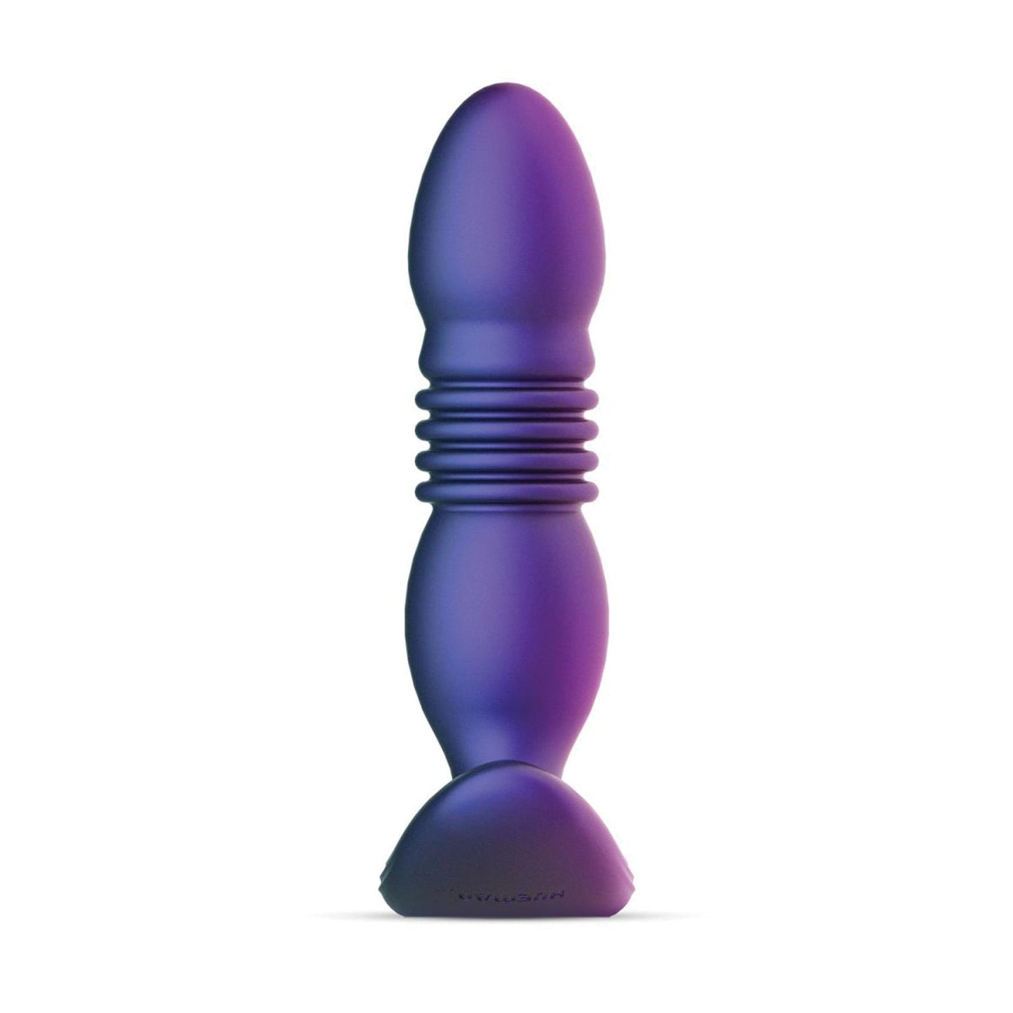 The Hueman Supernova Thrusting Butt Plug by Hueman is a purple, segmented design with a smooth rounded tip and concave base. Its ridged grooves add texture, while the matte surface offers various vibration patterns and waterproof versatility.