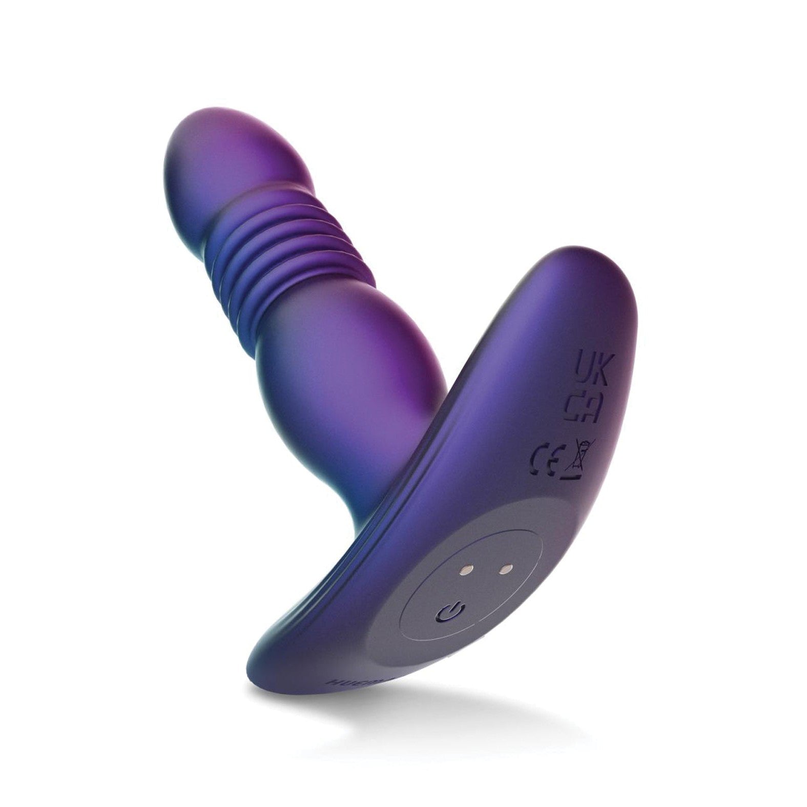 The Hueman Supernova Thrusting Butt Plug is a purple silicone vibrator with a ribbed shaft, flared base, and control buttons. It features vibration patterns, certification markings, and a waterproof design for safe use in various settings.