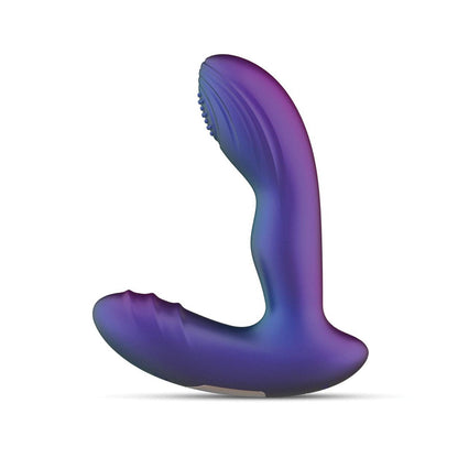 The Hueman Galaxy Tapping Butt Plug is a purple gradient, L-shaped stimulator with textured surfaces for relaxation or prostate massage, featuring vibrating capabilities and an ergonomic design set against a plain white background.