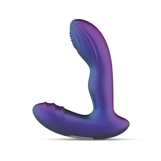 The Hueman Galaxy Tapping Butt Plug is a purple gradient, L-shaped stimulator with textured surfaces for relaxation or prostate massage, featuring vibrating capabilities and an ergonomic design set against a plain white background.