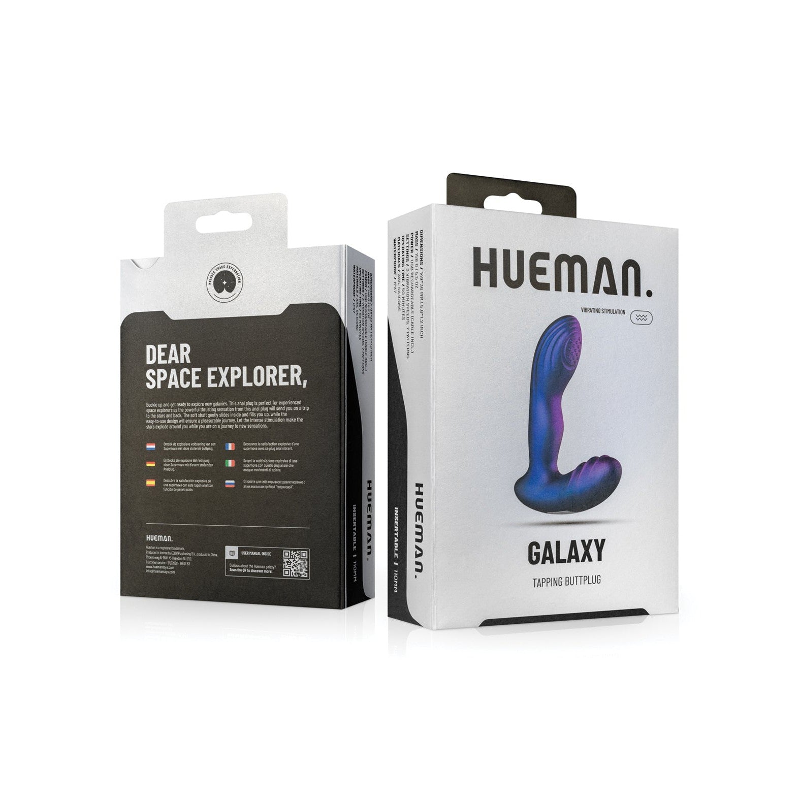 Two boxes of the Hueman Galaxy Tapping Butt Plug are displayed; the right box highlights the colorful product image and branding, while the left includes text with multilingual information about this vibrating butt plug crafted for optimal prostate stimulation.