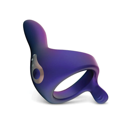 The Hueman Solar Cock Ring with Vibrating Perineum is a sleek, purple silicone design featuring a bulbous tip and side button. USB rechargeable, it enhances erections with its smooth texture and modern look, making it ideal for personal use.
