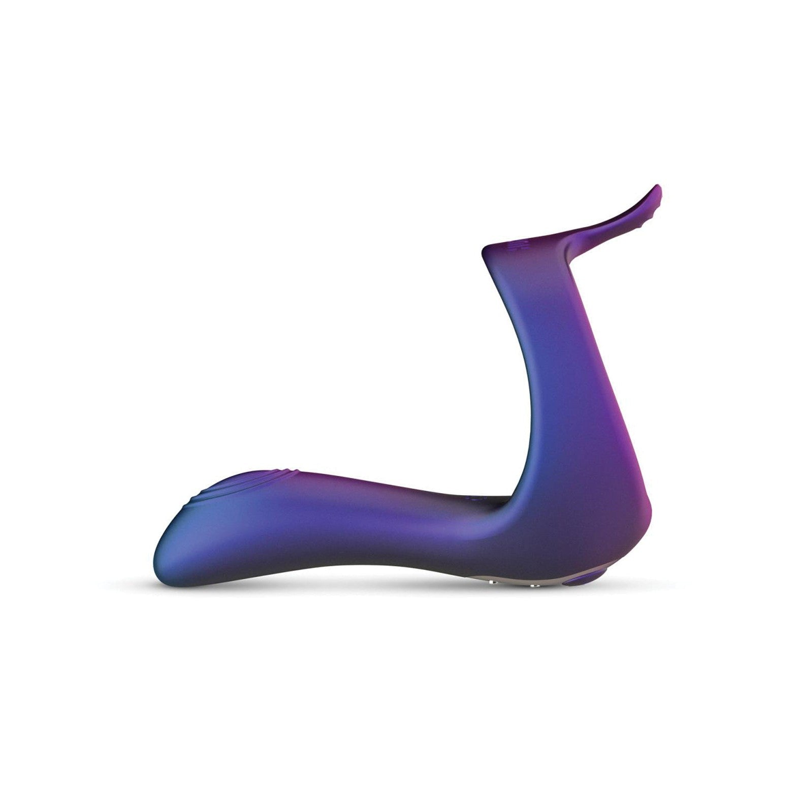 The Hueman Solar Cock Ring with Vibrating Perineum by Hueman is a vibrantly colored, USB rechargeable abstract sculpture in smooth shades of blue and purple, featuring an elongated arching form reminiscent of a vibrating ring with a small protrusion and textured base.