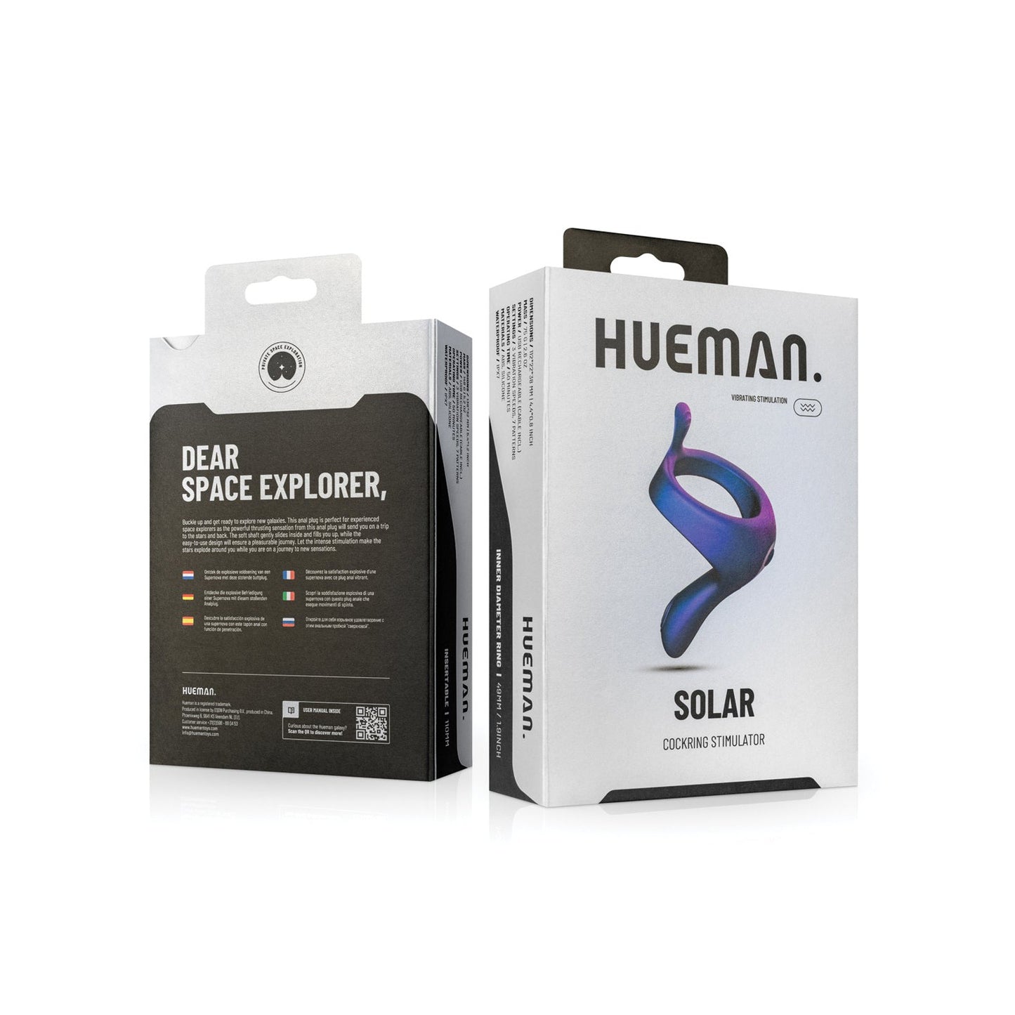Two boxes of Hueman products are displayed. One box shows the Hueman Solar Cock Ring With Vibrating Perineum, a USB rechargeable device with a blue and purple ring to enhance erections. The other box invites space explorer and features colorful icons, highlighting benefits as a vibrating cock ring.