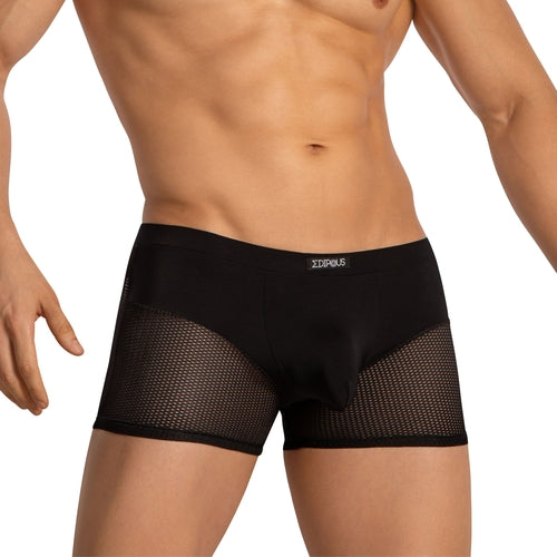 A person models Edipous Boxer Briefs for Men featuring breathable mesh, expertly combining solid and mesh fabrics for comfort and style. The plain waistband has a small Edipous logo.