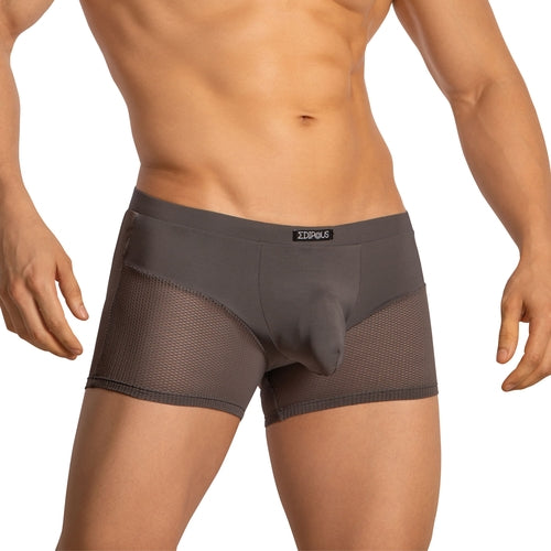 A person wearing Edipous gray boxer briefs with a solid waistband features breathable mesh that defines modern mens underwear.