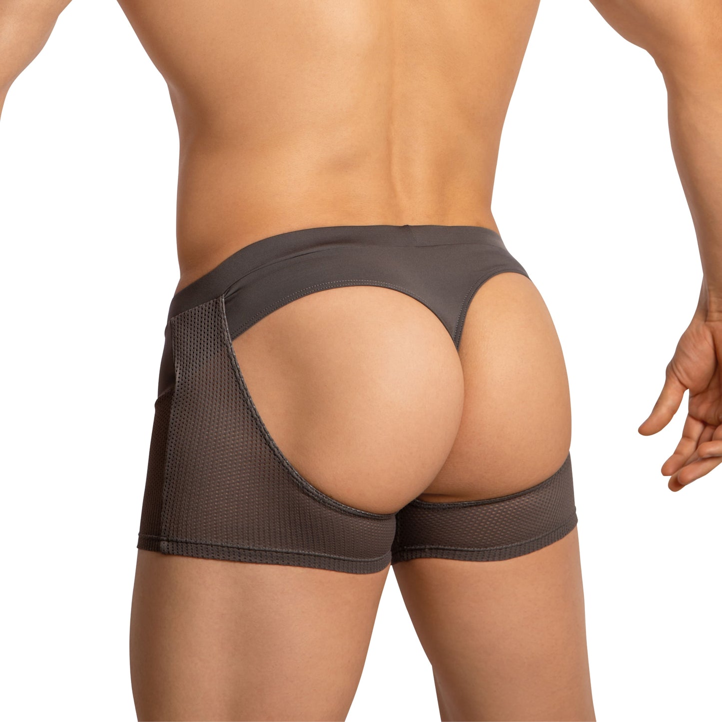 A person is shown from behind wearing Edipous Boxer Briefs for Men with breathable mesh sides that reveal the lower back and upper thighs, crafted in a dark fabric.