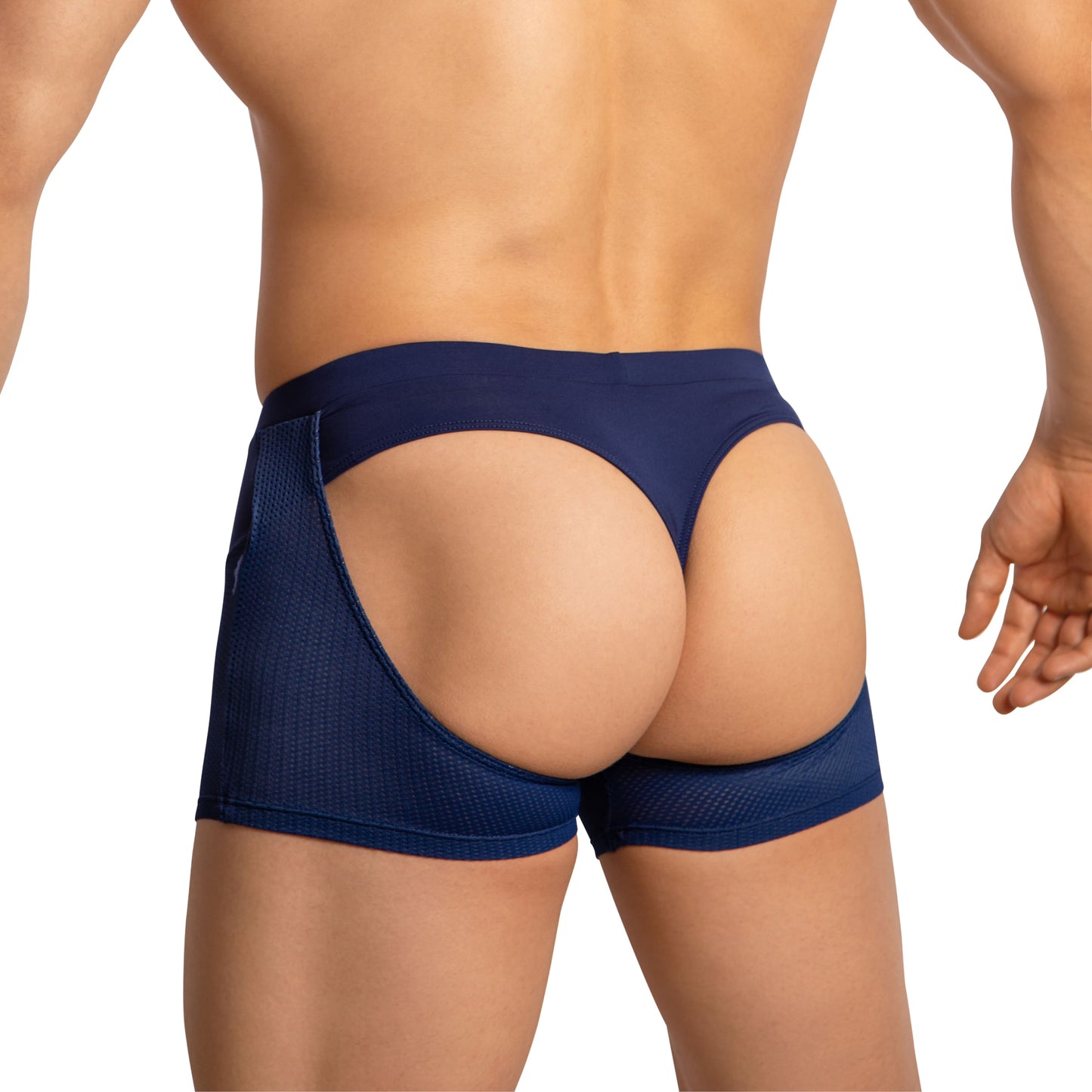 A person wears Edipous Boxer Briefs with navy blue chaps-style and cut-out sides and back, revealing the behind. The breathable mesh design emphasizes the lower back and legs against a plain white background.