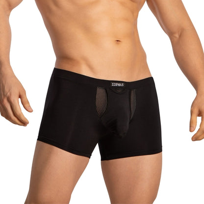 A man in Edipous Boxer with Pouch, featuring mesh panels and a contoured pouch, stands against a white background, highlighting the premium stretch fabric.