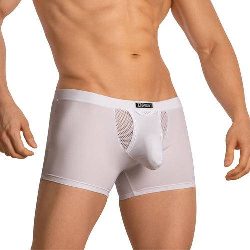 A person wears Edipous Boxer with Pouch in white, featuring a mesh front panel. The brand Edipous is seen on the waistband. The image highlights the midsection, showcasing its premium stretch and contoured pouch for optimal fit and design.