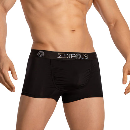 Someone wearing Edipous Mens Boxer Trunks, featuring the EDIPOUS branded waistband, displays a blend of classic style and modern swagger. Their torso and upper thighs are visible against a simple white background.